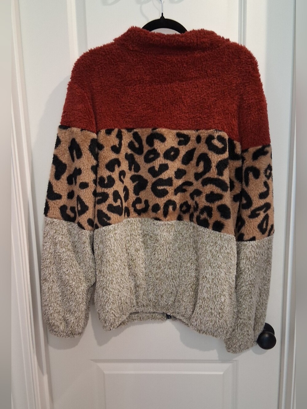 Cozy Colorblock Teddy Jacket with Leopard Panel - Rust/Tan/Cream - Picture 2 of 4